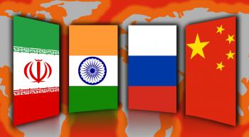 The flags of Russia, India, China and Iran