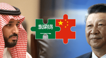 image of Saudi King Salman and Chinese leader Xi with puzzle pieces joined depicting the Saudi and Chinese flags