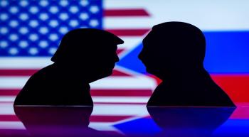 black silhouette cutouts of Donald Trump and Vladimir Putin facing each other, with the flags of the United States and Russia in the background