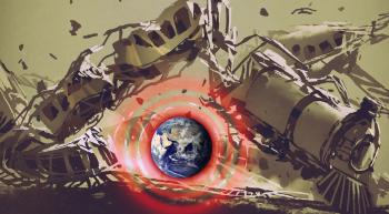 the earth with red waves emanating from it with an illustration of a train wreck in the background