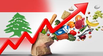 flag of lebanon in the background with a paper sack of groceries with food flying out of it and a red arrow trending upwards