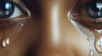 closeup of a woman's eyes full of bright shiny tears