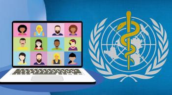 online meeting on a laptop next to World Health Organization logo