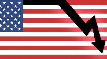 U.S. flag and sharply downward trending arrow