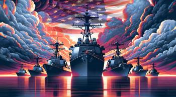 US Naval ships with a dark and gloomy sky and American flag in the sky