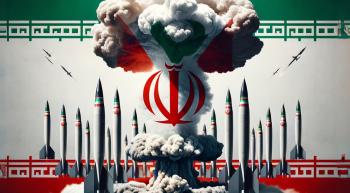 Iranian flag with elements of a mushroom cloud and missiles