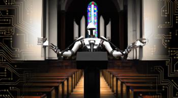 AI generated image showing a robot preaching in a church