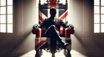 shadowy figure sitting on a throne with a Union Jack pattern