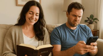 a scene in a living room. On a couch, a woman, casually dressed but well kept, is reading a Bible. She is smiling contentedly. Next to her, a man is scrolling on his cell phone. He is frowning in frustration.
