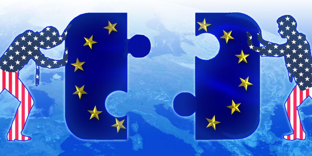 two people with stars and stripes pushing two giant puzzle pieces together that make up the EU flag