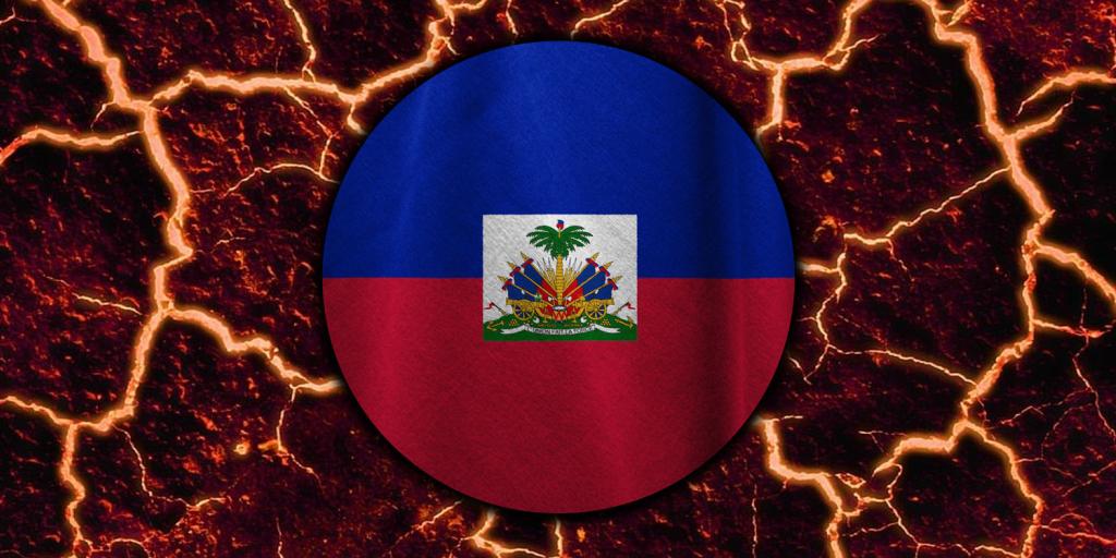 circular representation of Haitian flag against a fiery and cracked background as if it were lava