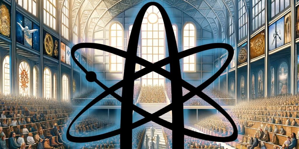 church with no religious symbolism overlaid by the atheist icon of an atomic whirl
