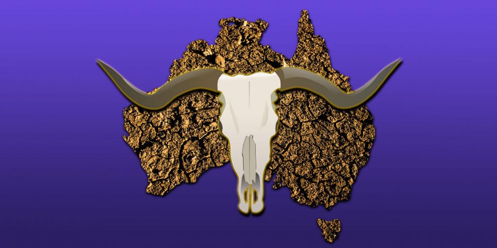 a dry cracking shape of Australian continent overlaid with a cow skull