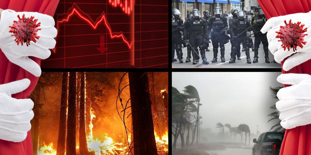 curtains pulled back revealing fires floods crashing economy and riot police
