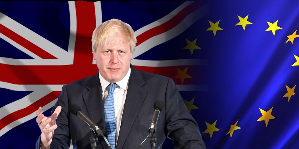 Boris Johnson in front of British and EU flags