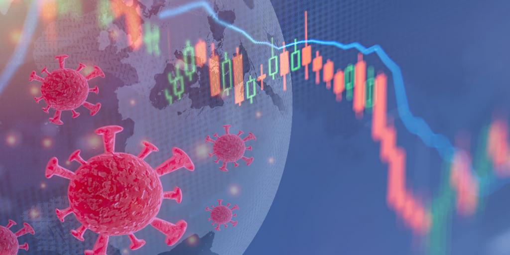 covid-19 virus with a downtrending economic graph