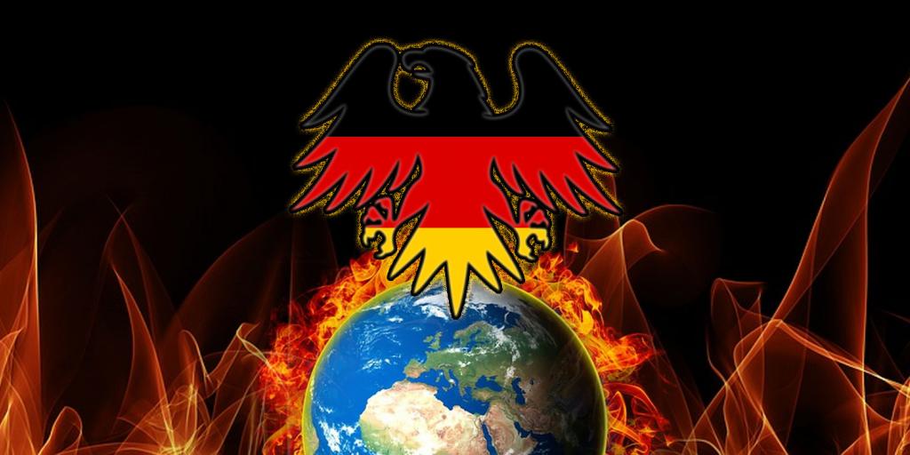 German eagle rising out of a burning world