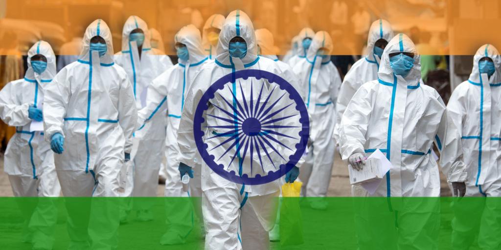 men in hazmant suits with the Indian flag superimposed