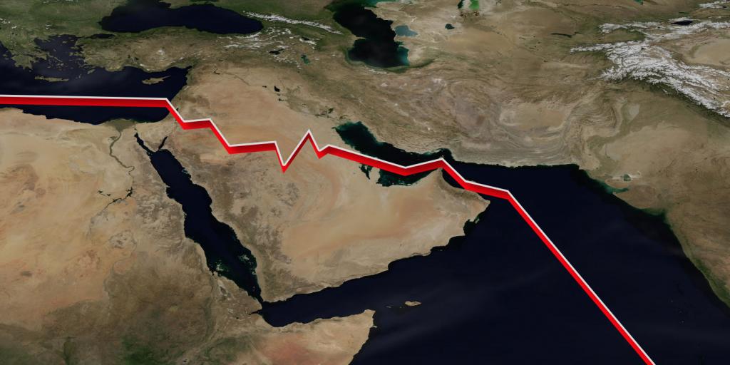 a jagged line running through a map of the Middle East