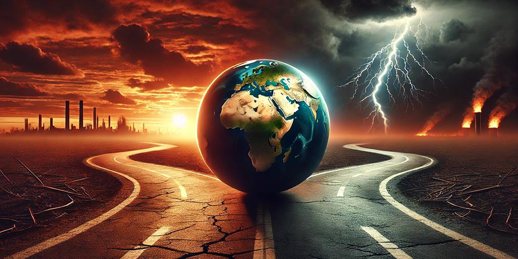 a symbolic representation of Earth at a crossroads, with two diverging roads leading toward contrasting landscapes—one with an cityscape awash in the glow of a sunrise, and the other with stormy skies, lightning, and buildings on fire