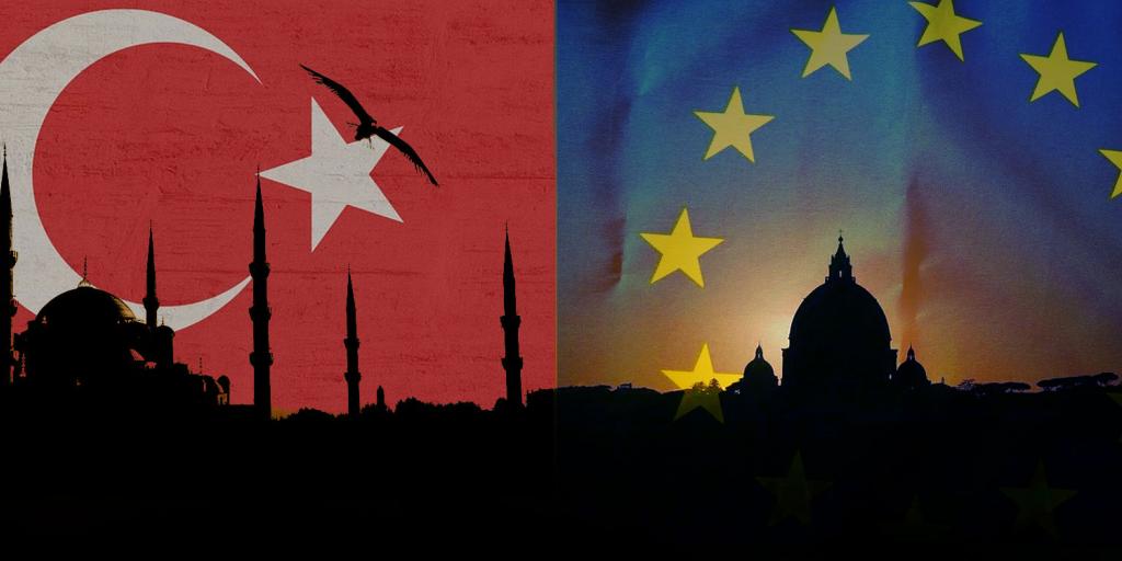 sillhouettes of a mosque and cathedral with islam and eu imagery in the background