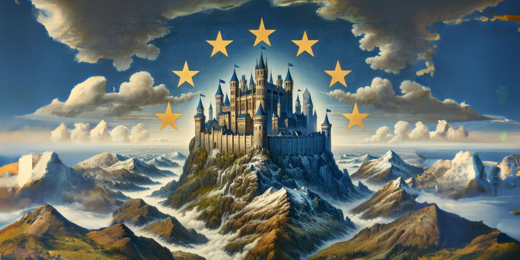 castle on a mountain representing the EU above smaller surrounding mountains