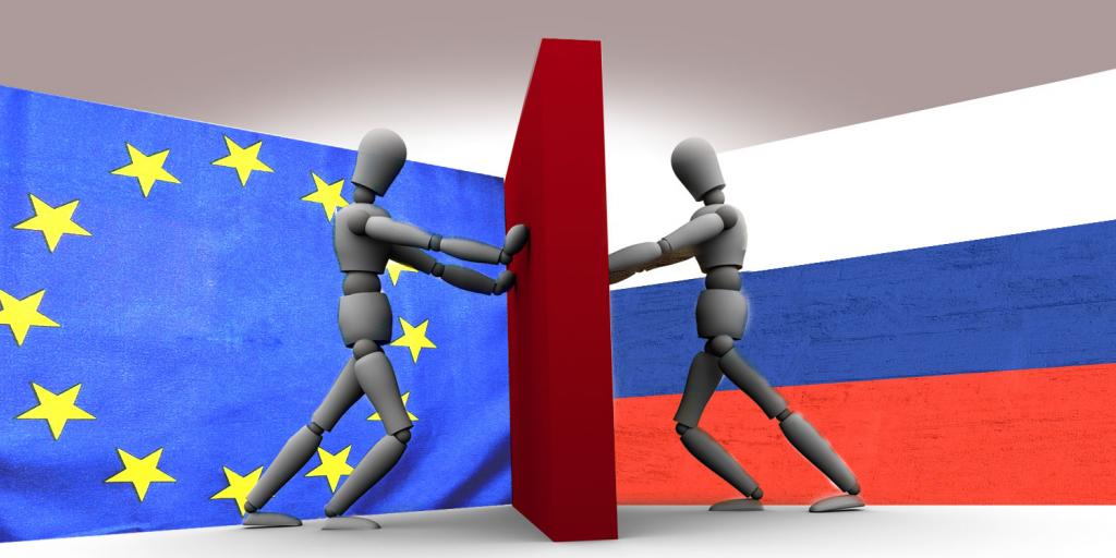 Europe man and Russian man pushing on opposite sides of a wall