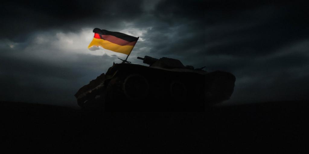 AI gernerated image of a sillouetted tank flying a german flag against a dark but dramatically lit background