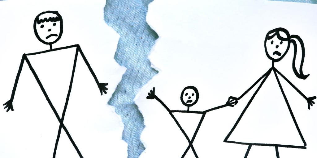 stick figure drawing of a family with the father being torn away