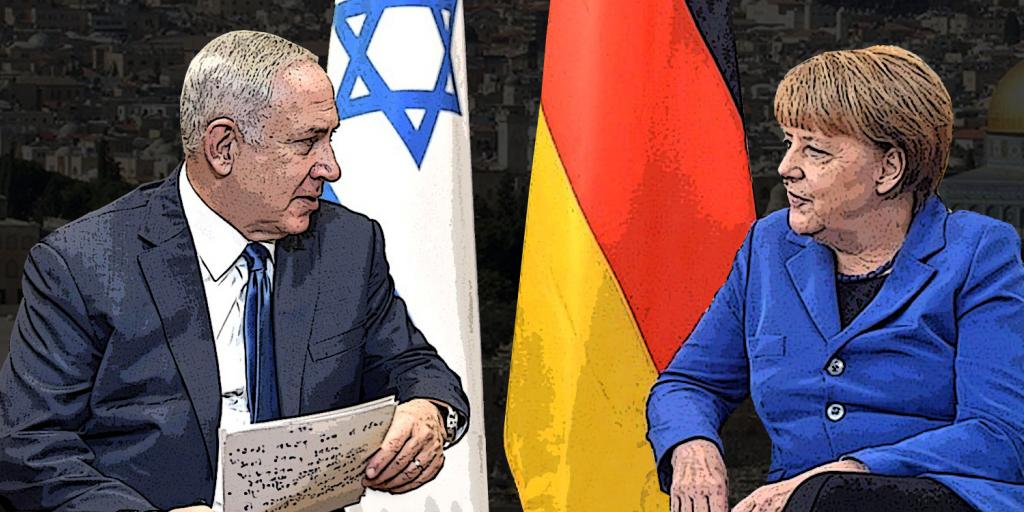 Netanyahu and Merkel with German and Israeli flags