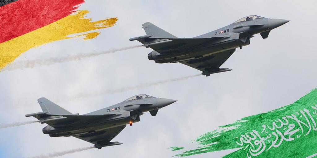 fighter jets flying with German and Saudi flags in the sky