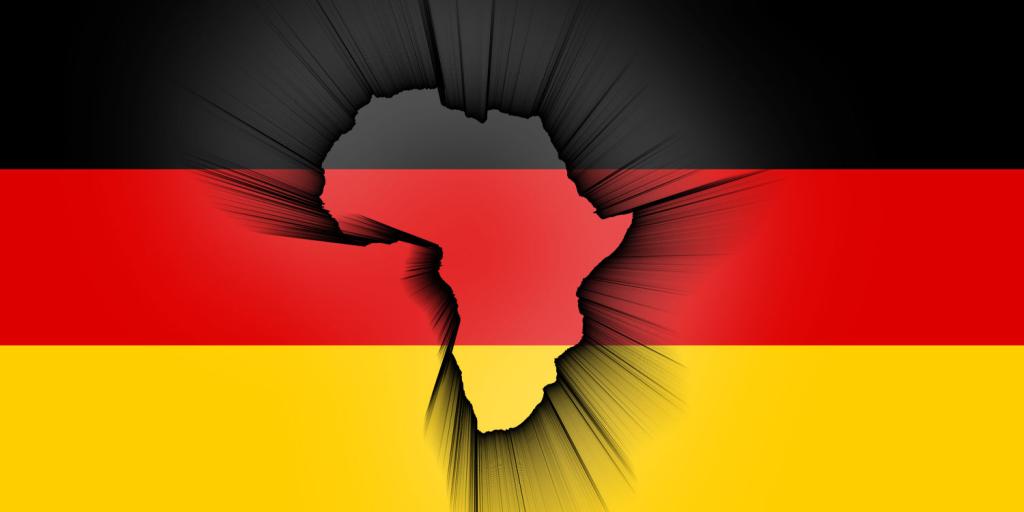 The shape of the African continent superimposed over the German flag