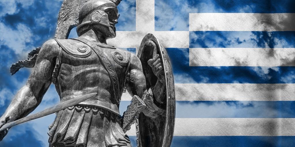 Ancient Greek soldier with modern Greek flag