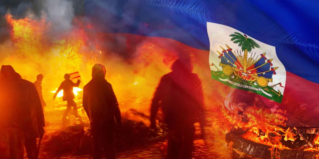 rioters burning cars and a flag of Haiti overlaying the upper right corner