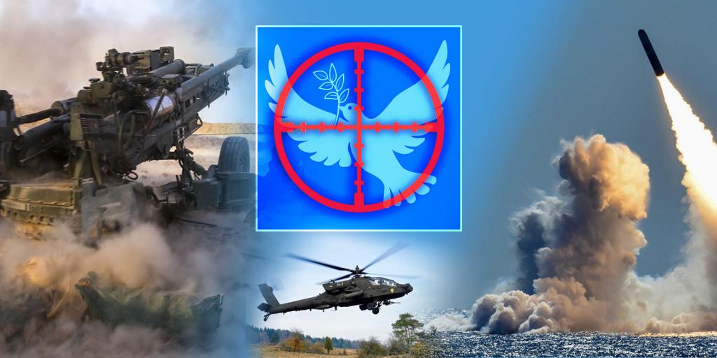collage of war scenes and a dove of peace in the crosshairs