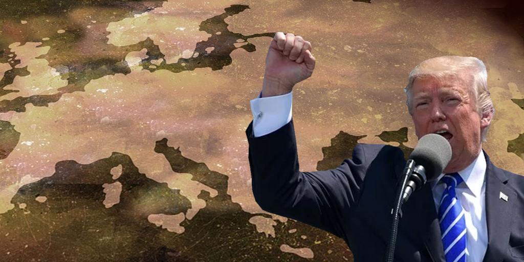 Donald Trump raising fist in front of map of Europe