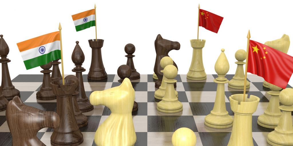 chessboard with flags of China and India