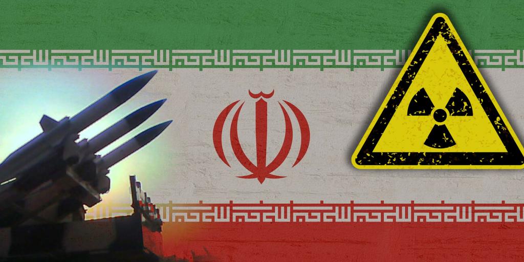 Iranian flag with silhouette of missiles and a radiation symbol