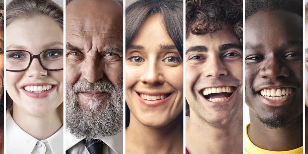 collage of seven different people with happy expressions