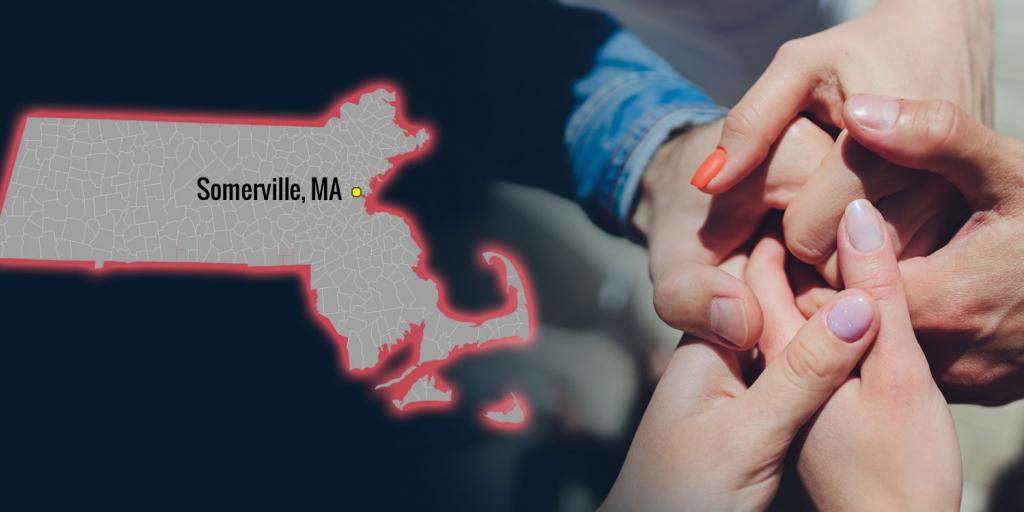 map showing Somerville, MA and a group of five holding hands