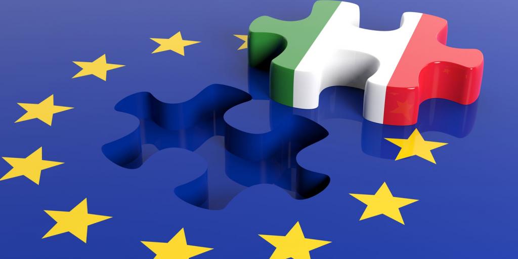 EU flag with puzzle piece removed showing Italy flag