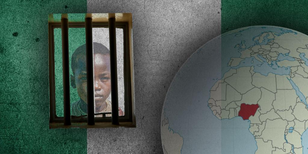 nigerian flag in background with globe showing location of Nigeria and a child peering through a barred window