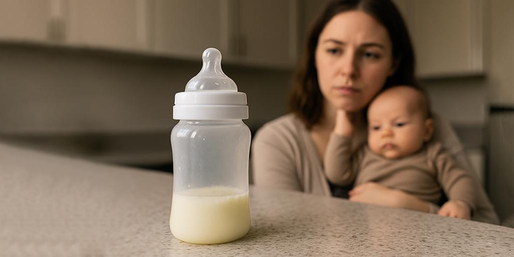 A pensive mother with her baby looks at a near-empty bottle of baby formula