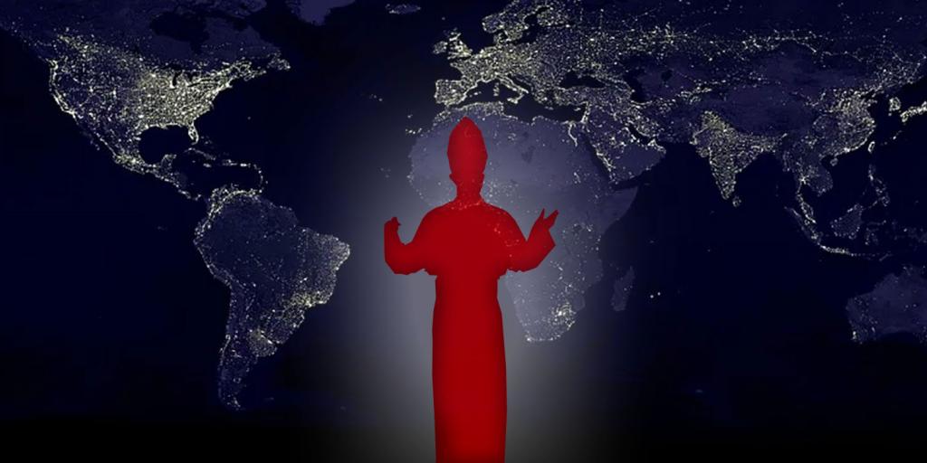 glowing red pope in front of world map