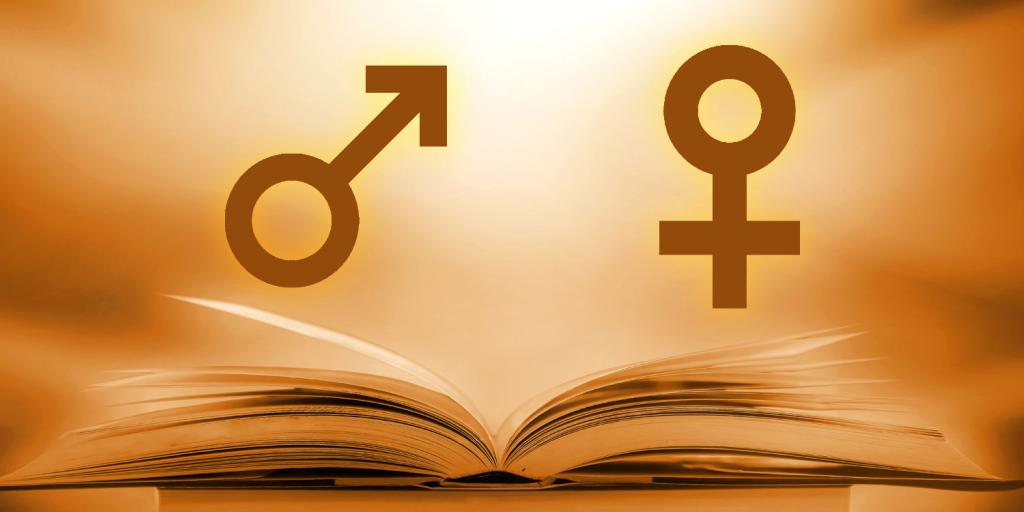 open bible with male and female gender symbols above it