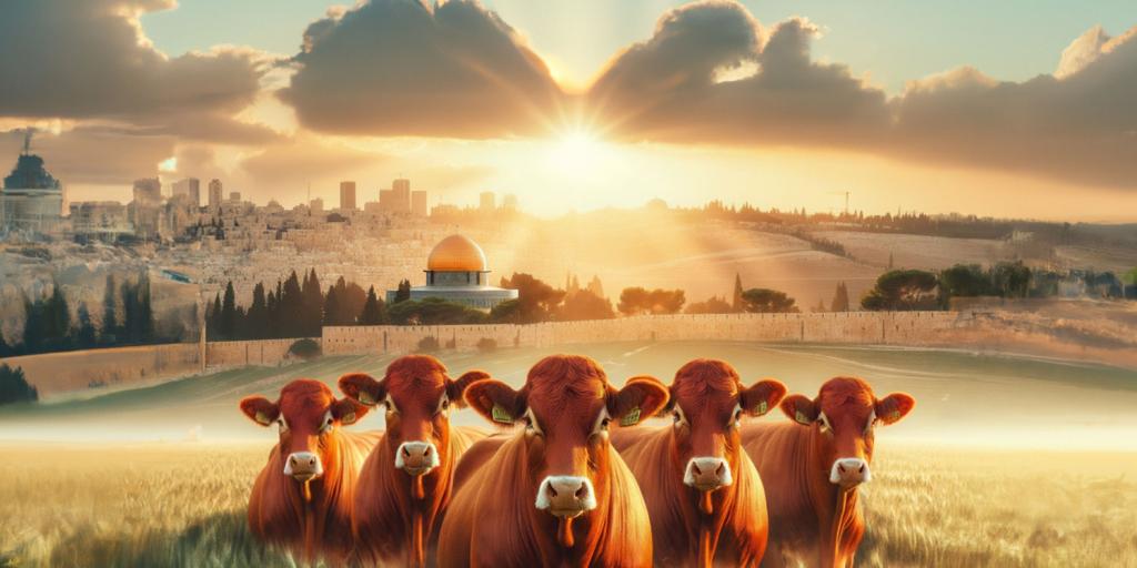 artistic rendition of five red heifers standing in a field near the temple mount