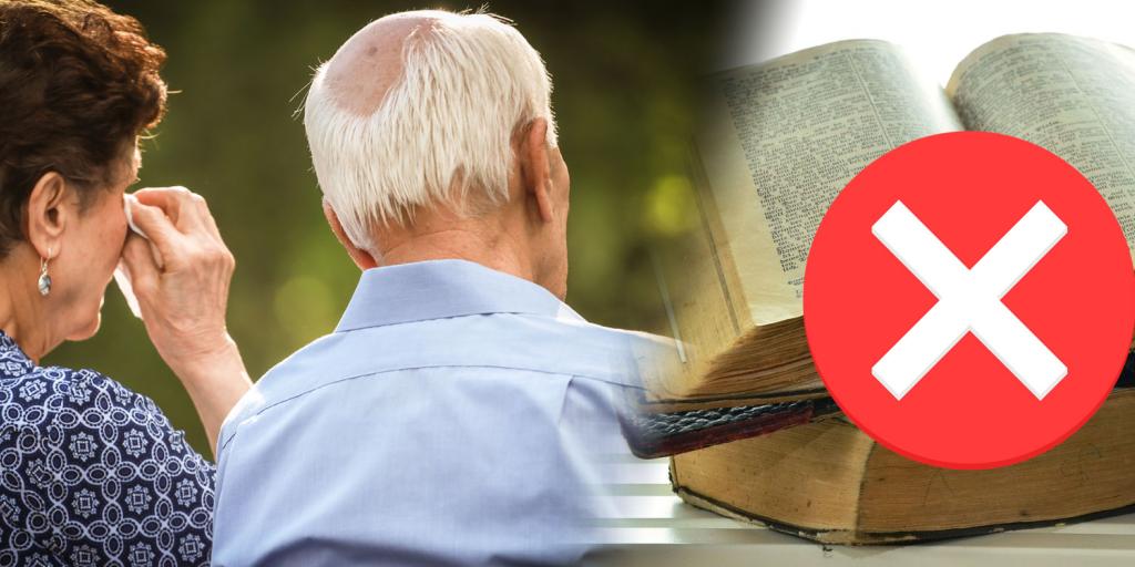Elderly couple shown from behind and a Bible with a red x over it