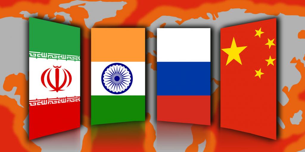 The flags of Russia, India, China and Iran