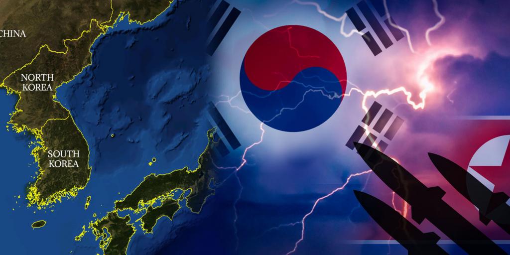 flags and map of Korea and missile silhouette
