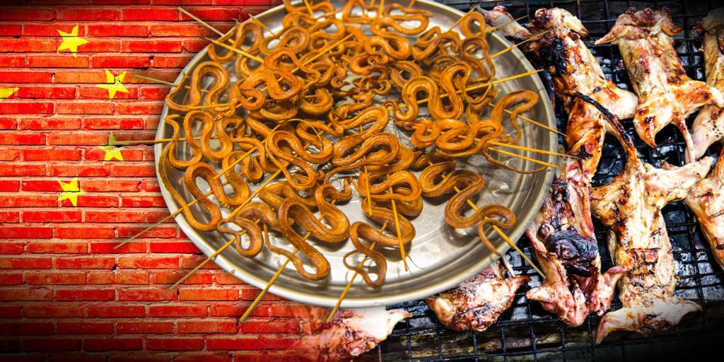 Chinese flag with a platter of snakes and rats on a grill